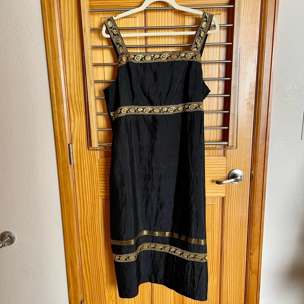 Vintage Beader’s Touch, New York, black silk midi dress with gold Paisley trim